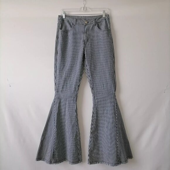 Altar'd State Women's Blue & White Striped Mid Rise Bell Bottom Jeans Size L - Picture 1 of 7